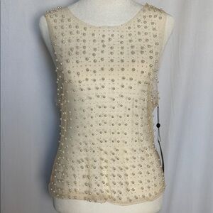 NWT Emerson Lang Sheer Cream Sleeveless Top Large Pearl Crystal Embellishments